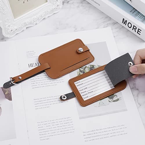 Flintronic 2 Pcs Luggage Tags, Leather Baggage Labels, Suitcase Name ID Card Tag Set, Leather Tags Travel Handbag Accessories for Preventing Loss of Bags(Brown) — view 6