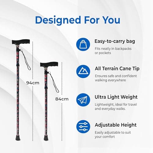 Life Healthcare Folding Walking Stick, Adjustable Aluminium, Black Floral — view 3