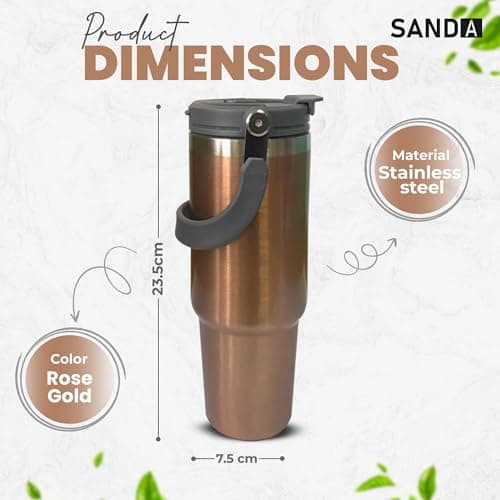 Sanda Rose Gold Travel Mug with Handle 30oz 900ml Double Wall Stainless Steel Insulated Water Bottles Tumbler with Straw 2-in-1 Leakproof Lid for Cold and Hot Drinks Portable Travel Coffee Mug — view 6