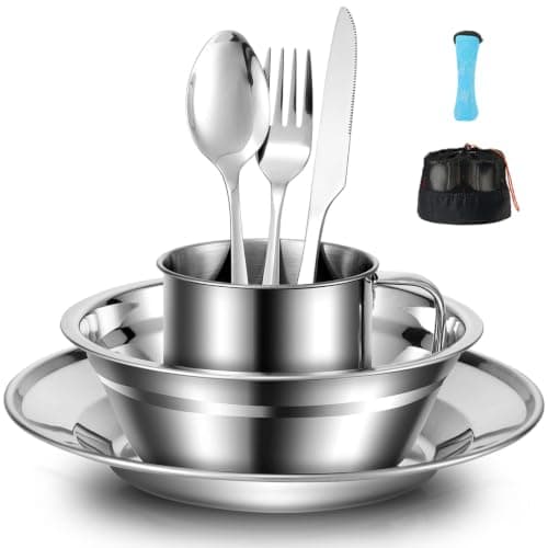 Odoland Camping Cutlery Set - Stainless Steel Tableware Mess Kit Plate Cup Fork Spoon, 8 in 1 Flatware Kit with Mesh Bag - Dinnerware Utensils Set for Outdoor Camping Hiking and Picnic for 1 People