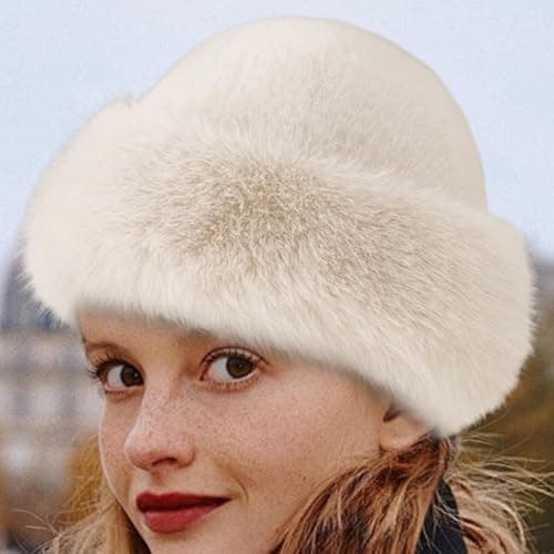 Qiaonan Women's Fur Hat, Winter Warm Hat, Women, Warm Soft Russian Faux Fur Hat, Thickened Fluffy Bucket Hat for Travel, Skiing, Hiking, Elegant Fashion Accessory, Cream Colored — view 3