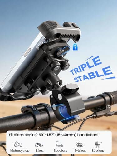 tounee Motorcycle Phone Mount - Dual Vibration Dampener, Tool-Free Bike Phone Holder Handlebar Clip & Secure Lock for iPhone 16/15 Pro Max, 4.7-6.7" Phones - Black — view 5