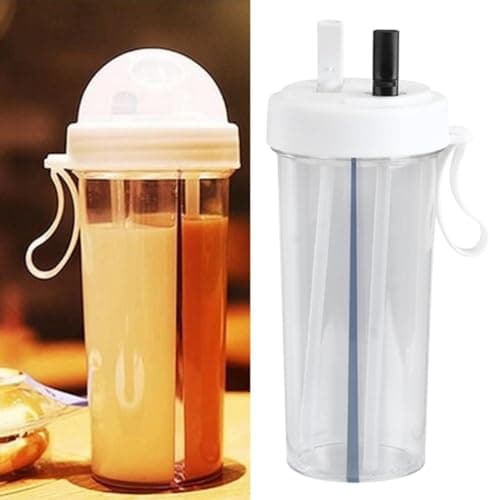 2 in 1 Water Bottle, 600ml Dual Use Water Bottle, Double Sided Straw Cup Water Bottle with Straw Portable Sports Water Bottle Dual Use Bottle Two Straws Couple Water Cup for Camping Travel(White) — view 3