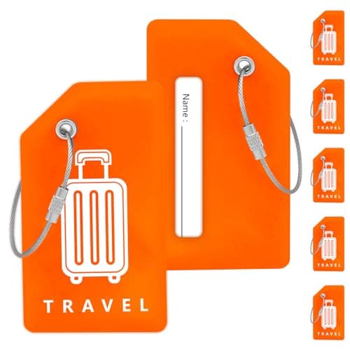 Teskyer 5 Silicone Luggage Tags for Suitcases - Durable, Noticeable, Soft, with Steel Loops, Luggage Labels with Name ID Card, Travel Accessories, Orange