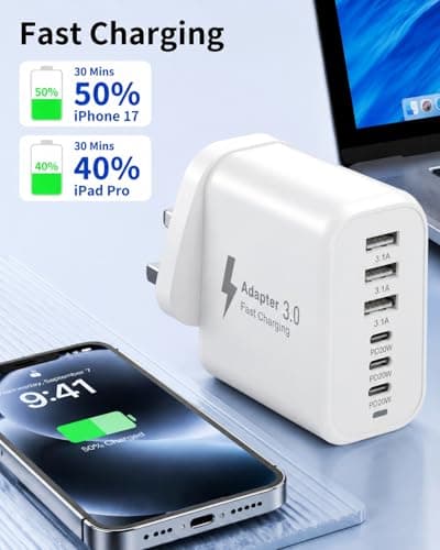 USB C Plug Fast Charge, 60W 6 Ports Multi Charger Plug UK USB Wall Charge — view 3