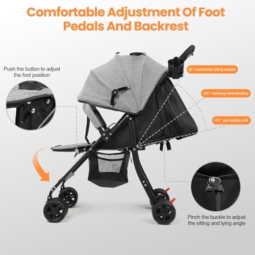 Portable Travel Toddler Stroller, Baby Pushchair One-Hand Fold Compact Travel Stroller with Adjustable Backrest, Canopy, Storage Basket for 0-2 Years Toddlers Up to 10kg Grey — view 5