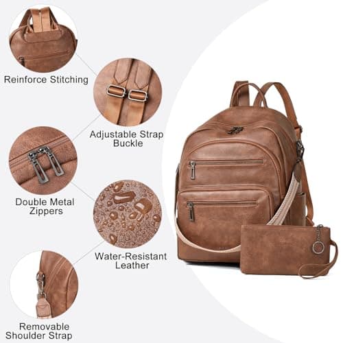 LATMAP 32L Vegan Leather backpack Women 14.5"x8.5"x16",Laptop Backpack for Women College Daypack Work Handbag Travel fits 14" Laptop Business,Brown — view 5