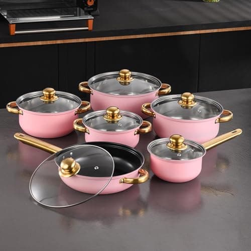 Ronyme 6 Pieces Stainless Steel Cookware Set with Glass Lids Soup Pot Ergonomic Handle Kitchen Cooking Set for Professional Chef, Pink — view 3