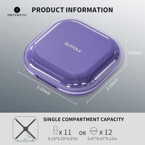 ONTERATE Small Pill Case, Travel Pill Box, Portable Pill Organizer, Pill Container for Pocket 4 Compartments, Daily Compact Travel Medicine Holder for Vitamins Medication (Purple) — view 6