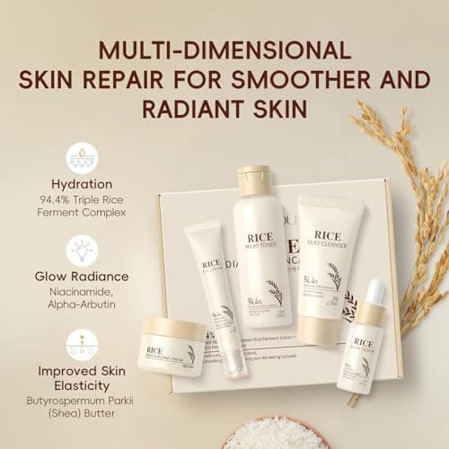 Korean Skincare Set,Glass Skin Care Gift Set,Rice Skin Care Sets & Kits-Rice Cleanser,Toner,Serum,Cream,Eye Cream,Facial Kit for Glowing Skin,Rice Raw Pulp Beauty Gift Set for Women (One Size, Rice) — view 2