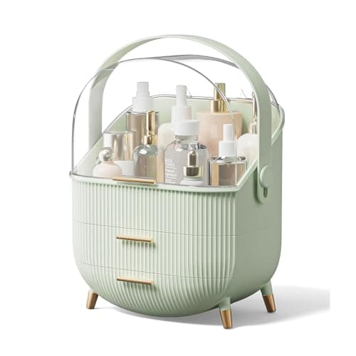 SIOOUI Makeup Organizer for Vanity, Portable Waterproof Dustproof Bathroom Organizer and Storage with Lid, Cosmetic Display Case Skincare Organizers (Mint Green)