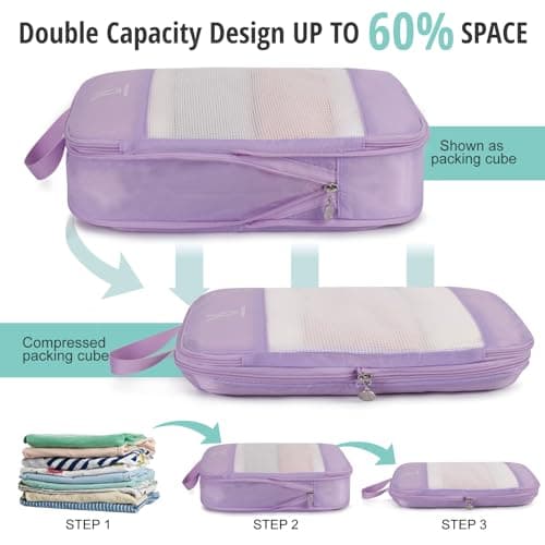 6/8 Set Space Saving Compression Packing Cubes Lightweight Packing Cube, Lavender, 6 Pcs(XL,L,M*2,S,laundry bag), Modern — view 3
