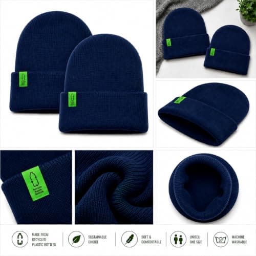 3CUBE Recycled Polyester Roll-Up Beanie Hats, Pack of 2, Unisex Winter Knitted Hats, Made from Recycled Plastic Bottles, One Size – Black, Navy and Royal Blue (Navy Blue) — view 2