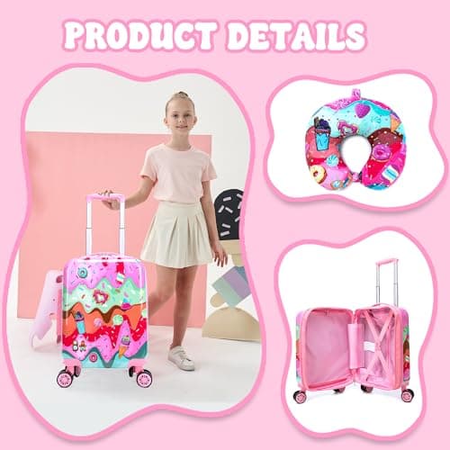 Inprof Kid's Luggage Set 2 Piece Suitcase Set Hardside Luggage with Spinner Wheels Boys Carry on Toddler Travel Rolling Suitcase with Hard Shell Airline Approved, Pink 01, 16 inch, Luggage Sets — view 4