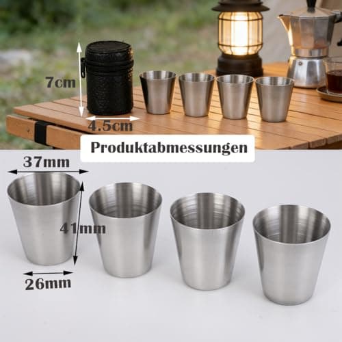 WTRYT Hip Flask Mug, Pack of 4, 30 ml Shot Cups with Leather Case, Small Stainless Steel Cups, Stackable Metal Cups, Portable Travel Mug, Stainless Steel Cups, Shot Glasses for Outdoor Picnic, Camping — view 2