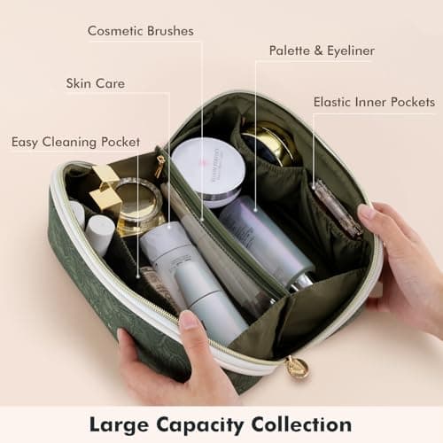 Prite Travel Makeup Bag Flat Lay Cosmetic Case with Brush Pocket, Green, M — view 2