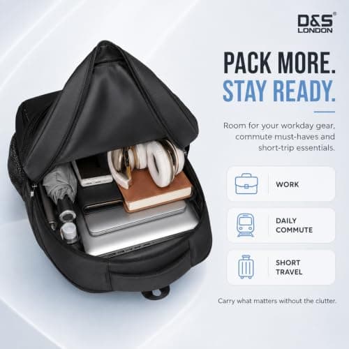 D&S London Laptop Backpack for Men & Women - Weatherproof Travel Rucksack for Work, School & Business - 15.6-17 inch Laptop Bag, Large 30L Capacity, Anti-Theft Flight Cabin Bag (Grey),Black — view 4
