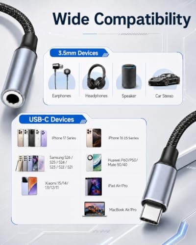 Headphone Jack to USB C Adapter 2 Pack, Braided Aux to USB C Wire with Hi-Fi DAC, Lossless Audio, Plug and Play, for iPhone 17/16/15, Samsung S25/S24, iPad, MacBook, for Office/Travel/Gaming — view 3