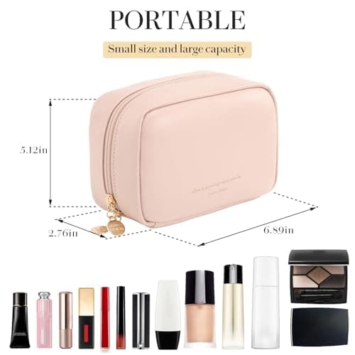 Small Cosmetic Bag PU Leather Travel Makeup Organizer, Zipper Pouch, Pink — view 6