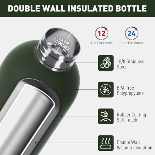 Exllena 1l Water Bottles Metal with Handle Lid and Carabiner, Double Wall Vacuum Drinks Bottle Keeps Drinks Cold 24 Hrs/Hot 12 Hrs, Stainless Steel Water Bottle BPA Free(Pine Green) — view 2