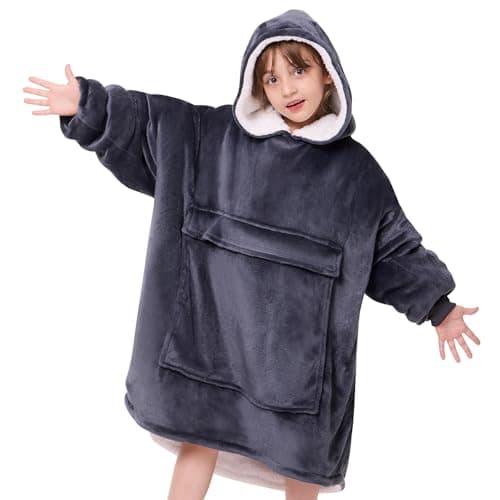 yescool Wearable Blanket Sweatshirt Kids, Oversized Blanket Hoodie with Sherpa for Kids, Youth, Boys, Girls, Portable Warm Travel Pillow, Teen Wearable Blankets, Hand Warmer, One Size, Grey