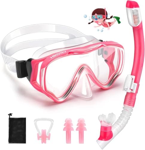 HIKOTEY Children's Snorkel Set, Anti-Fog and Dry Snorkel, Anti-Leak Dry Snorkel Set, 180° Panoramic Foresight with Waterproof Earplugs, Snorkelling Set for Boys Girls - Pink