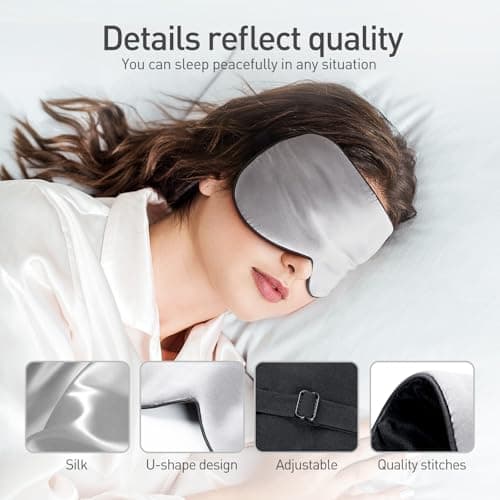 Viedouce Sleep Eye Mask,100% Natural Silk Eye Mask for Sleeping,Eye Blinder with Adjustable Strap and Ear Plug,Light-Blackout Design,Soft Sleep Mask for Women,Men and Kids(Silver) — view 2