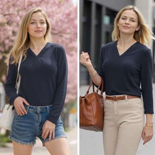 Crewhpo Womens Thermal Tops Cotton Long Sleeve Lace V Neck Base Layer Shirt — view 4