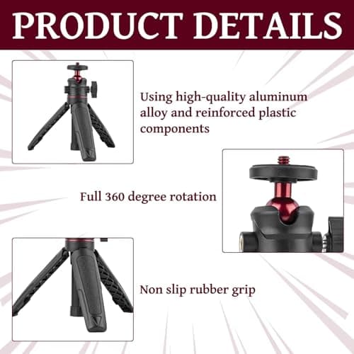 Compact Travel Tripod Portable Mini Camera Tripod Extendable Desktop Holder with 360° Ball Head & 1/4" Screw - Compatible with Sony ZV1/RX100, Canon G7X, Fujifilm X100V, Leica Q2, DJI Action Cameras — view 3