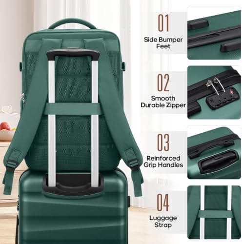 UKEIN Luggage Set with Backpack,Hardshell Carry On Luggage Airline Approved, Dark Green, 3 piece set (20inch), Luggag With Spinner Wheels and Backpack — view 6