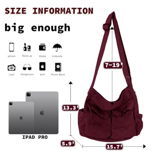 Canvas Messenger Bag Large Hobo Crossbody Bag with Multiple Pockets Casual Shoulder Tote Bag for Women and Men, D Red, L — view 4