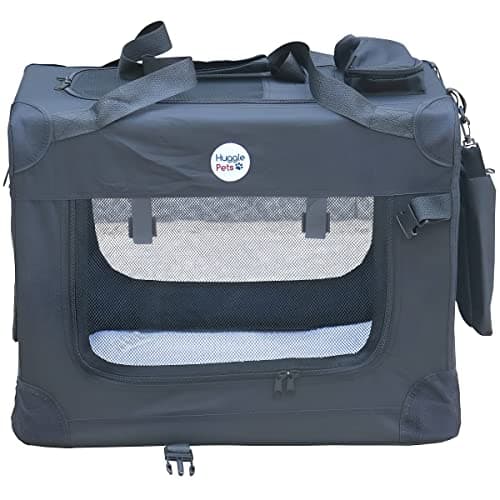 HugglePets Foldable Fabric Pet Crate Carrier - Black (Small 50 x 34cm) Lightweight & Ventilated Double Door Carrier for Dogs & Cats with Sheepskin Mat. Ideal for Home & Travel. — view 2