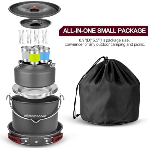 Odoland Camping Cookware Kit for 3-4 People Portable Stainless steel Cooking Set for Campfire Backpacking Pans and Pots Plates Kettle Gear for Outdoor Hiking Picnic and Trekking — view 6
