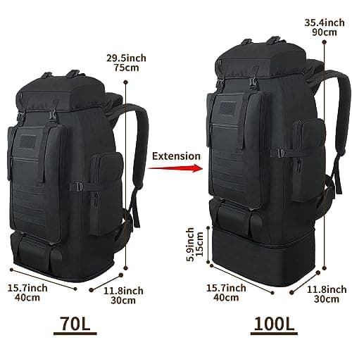 Vaupan Hiking Backpack,100L Large Camping Backpack, Expandable Waterproof MOLLE Rucksack, Outdoor Sport Travel Daypack Military Tactical Backpack for Men Women (Black) — view 2