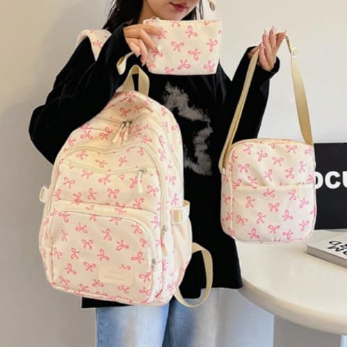 Aucuu Aesthetic School Bag for Girls, 3PCS Bow School Bags, Cute Backpack Sets, School Bag with Crossbody Bag & Wallet, Water Resistant Lightweight Bookbag, Kawaii Rucksack for Teens Girls Boys — view 6