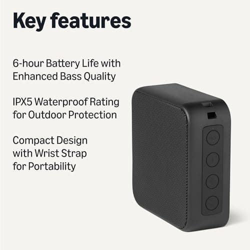 Amazon Basics Portable Wireless Bluetooth 5.3 Speaker, Compact, 6h Runtime, IPX5 Waterproof, Rechargeable, Enhanced Bass, Indoor, Outdoor, Black — view 2