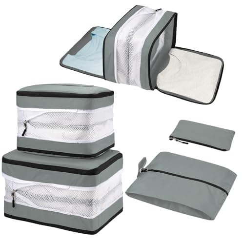5 Set Compression Packing Cubes for Suitcases, Travel Organiser for Carry on Hand Luggage Newest Double Sided Expandable Packing Bags with Shoes Bag (Grey)