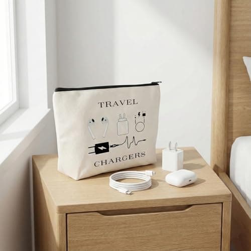 Cable Organiser Bag, Cream Canvas Electronics Pouch With Black Zip, 1-Pack — view 3