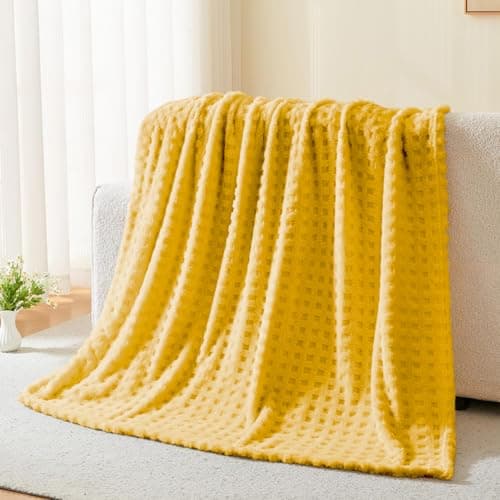 Wajade Fleece Throw Blanket, Fluffy Faux Fur Blanket for Bed Sofa Couch, Soft Warm Thick Blanket,Waffle Yellow-178X203 — view 5
