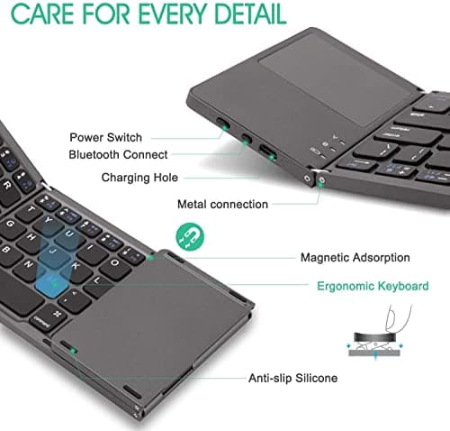 Zedo Foldable Bluetooth Keyboard, Pocket Size Portable Mini BT Wireless Keyboard with Touchpad for Android, Windows, PC, Tablet, with Rechargeable Li-ion Battery — view 3