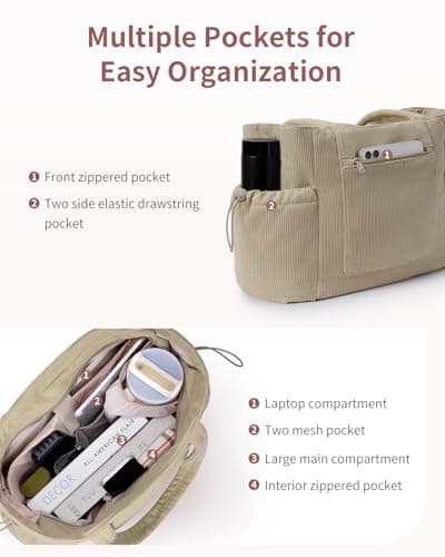 ECOHUB Large Corduroy Tote Bag, Work Tote Bag for Women with Zipper — view 5