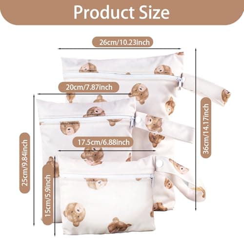 KASESSS 3 Pcs Bear Pattern Nappy Bags, Waterproof Wet Dry Bags, Travel Laundry Bag, Wet Bag for Swimming, Reusable Organiser Nappy Pouch for Baby Items for Travel, Beach, Camping, Swimming, Gym — view 2