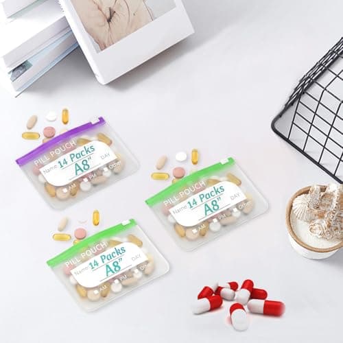A8 Waterproof Pill Pouch Set, Weekly Pill Organiser with 14 Colour-Coded Pouches, Reusable Travel Medication Storage Binder, Portable Zip Pill Case for Vitamins, Fish Oil and Tablets-Purple — view 5