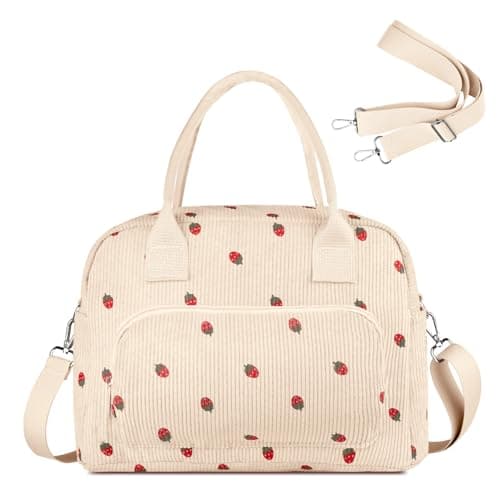 FITDON Insulated Lunch Bag for Women Men, Corduroy Cooler Bag Lunch Box Container Large Lunch Tote Bag for Work School Picnic Travel, Beige Strawberry