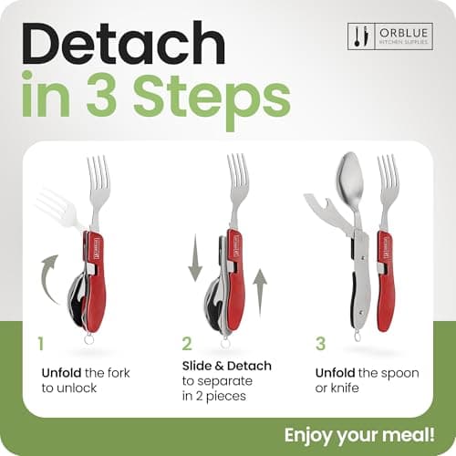 Orblue 4-in-1 Camping Utensils, 2-Pack, Portable Stainless Steel Spoon, Fork, Knife & Bottle Opener Combo Set - Travel, Backpacking Cutlery Multitool (RED 1-Pack) — view 3