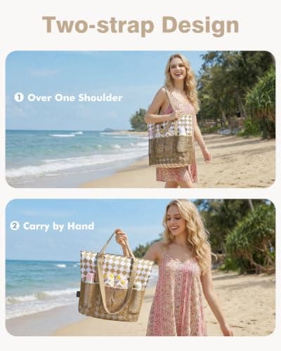 Beach Bag with Zip and Pockets Small Beach Tote Bags for Women, Checkered — view 2