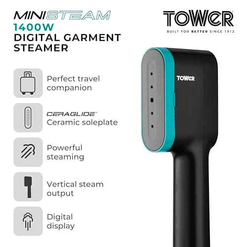Tower Garment Steamer 1400W, Handheld Clothes Steamer for Fast Crease Removal, Compact Design, 14g/min Continuous Steam, Ceramic Soleplate, 80ml Tank, Teal (T22038TL) — view 2