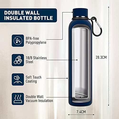 Exllena Insulated Water Bottles 750ml with Clip, Double Wall Vacuum Drinks Bottle Keeps Drinks Cold 24 Hrs/Hot 12 Hrs, Stainless Steel Water Bottle BPA Free (Dark Blue) — view 2