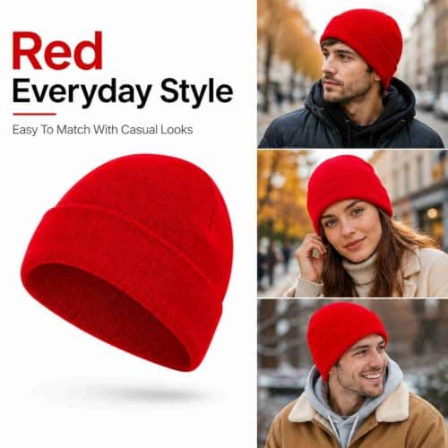 RubyTint Red Stretch-Fit Knit Beanie, Ribbed Cuffed — view 3