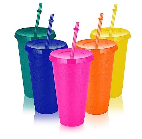 Pack of 5 Drinking Cups with Straw and Lid - 24 oz Plastic Cups Smoothie Coffee Mug To Go Travel Mug Cup for Children Adults Reusable Plastic Cups